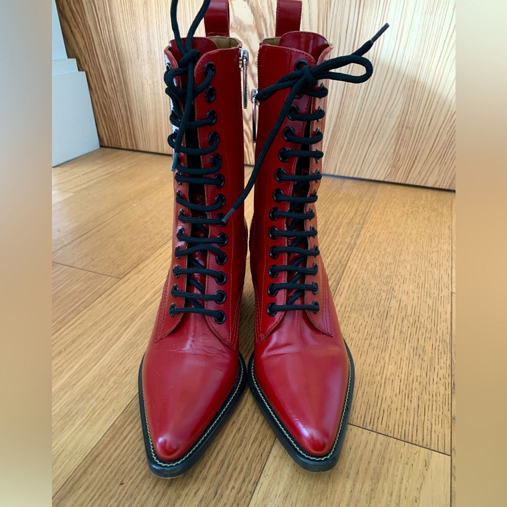 Chloe red leather lace up boots
